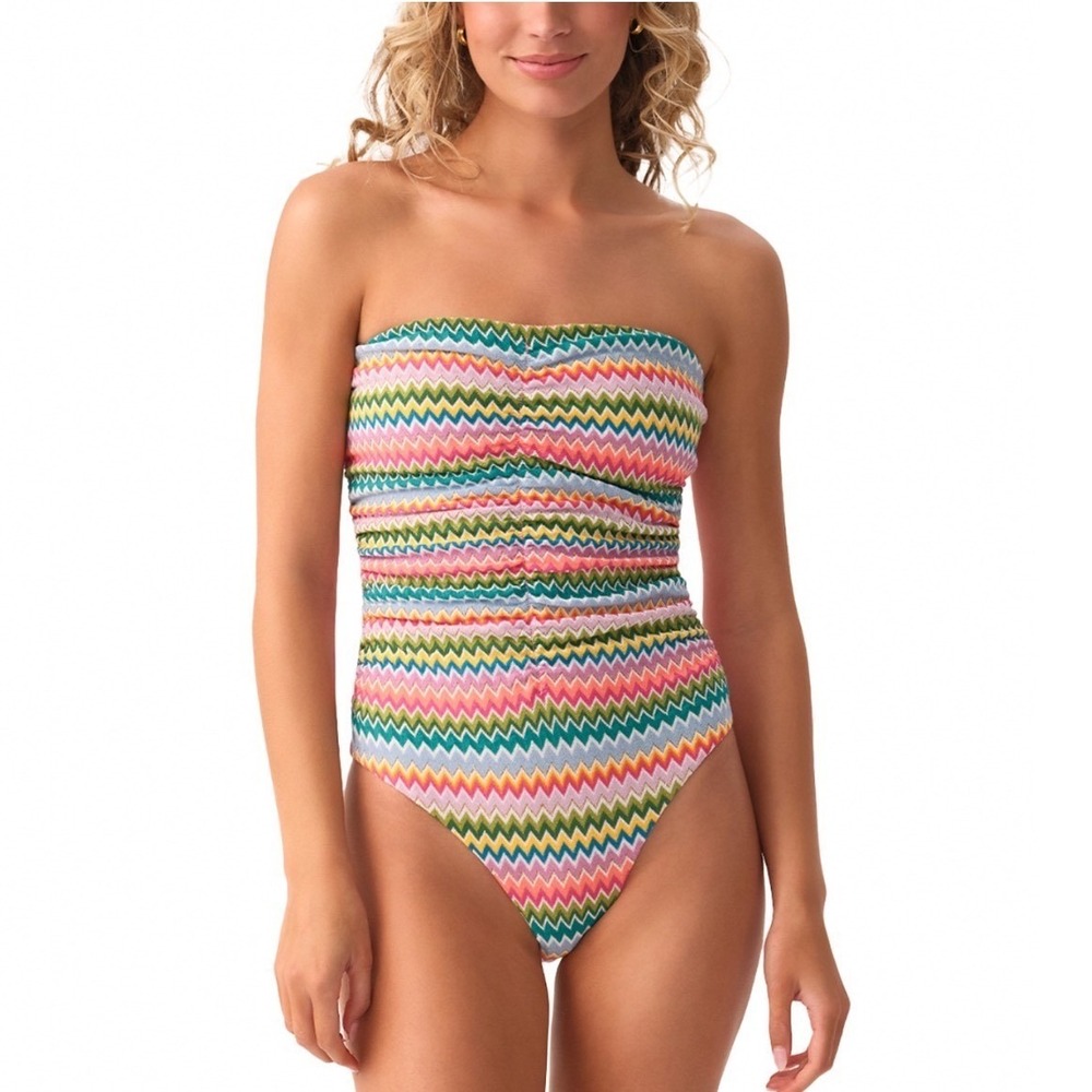 PQ Swim Ziggy Ruched One Piece Swimsuit Multicolor Chevron Pink Strapless Small
